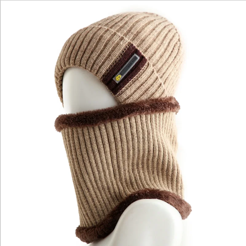 Beige Мужская зимняя шапка, шарф, шапка, теплая вязаная шапка, шапка с бархатной полосатой теплой вязкой шапочки, Балаклава, зимняя Шея шапка для мужчин - Цвет: Beige