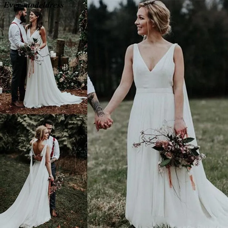 

Boho Wedding Dresses 2019 V-Neck Open Back Sweep Train Chiffon Simple Wedding Gowns Bride Dress Vestido De Noiva
