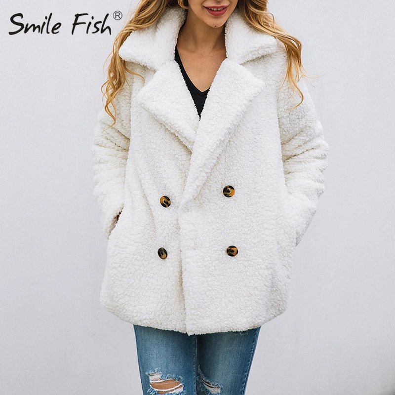 remarkable  Plush Teddy Jackets Warm Winter Women Coat Buttons Solid Turn Down Collar Plus Size Coats 3XL Pocke