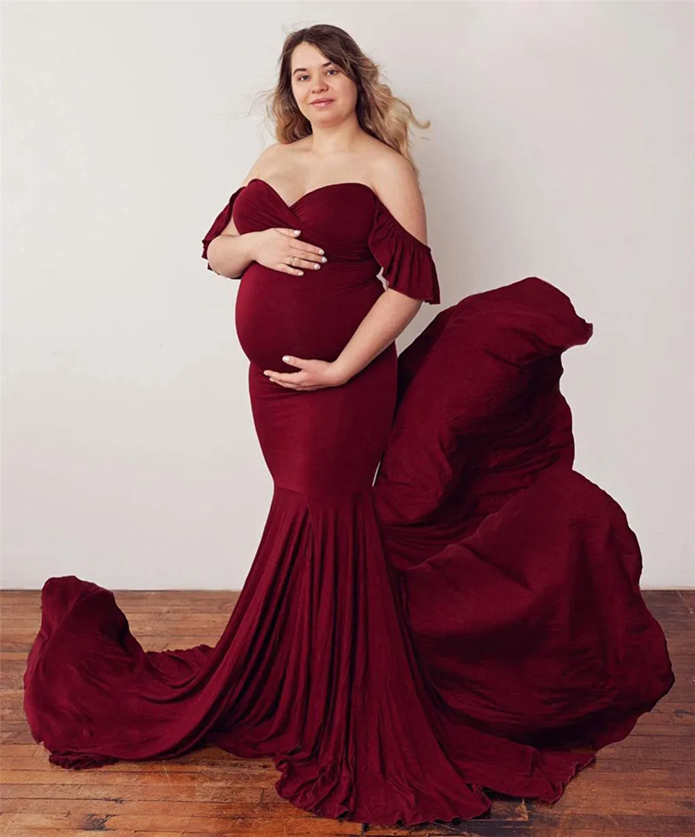 Shoulderless Maternity Dresses For Photo Shoot Sexy Ruffles Sleeve Pregnancy Dress New Maxi Gown Pregnant Women Photography Prop (9)