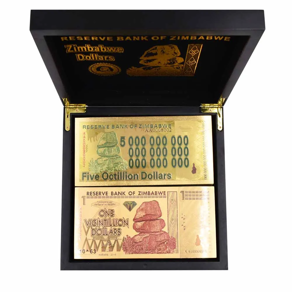 

Holiday Gifts 24K Gold Plated Dollars High Quality Banknotes Zimbabwe Gold Banknote One Vigintillion Dollar with Box 100pcs/lot