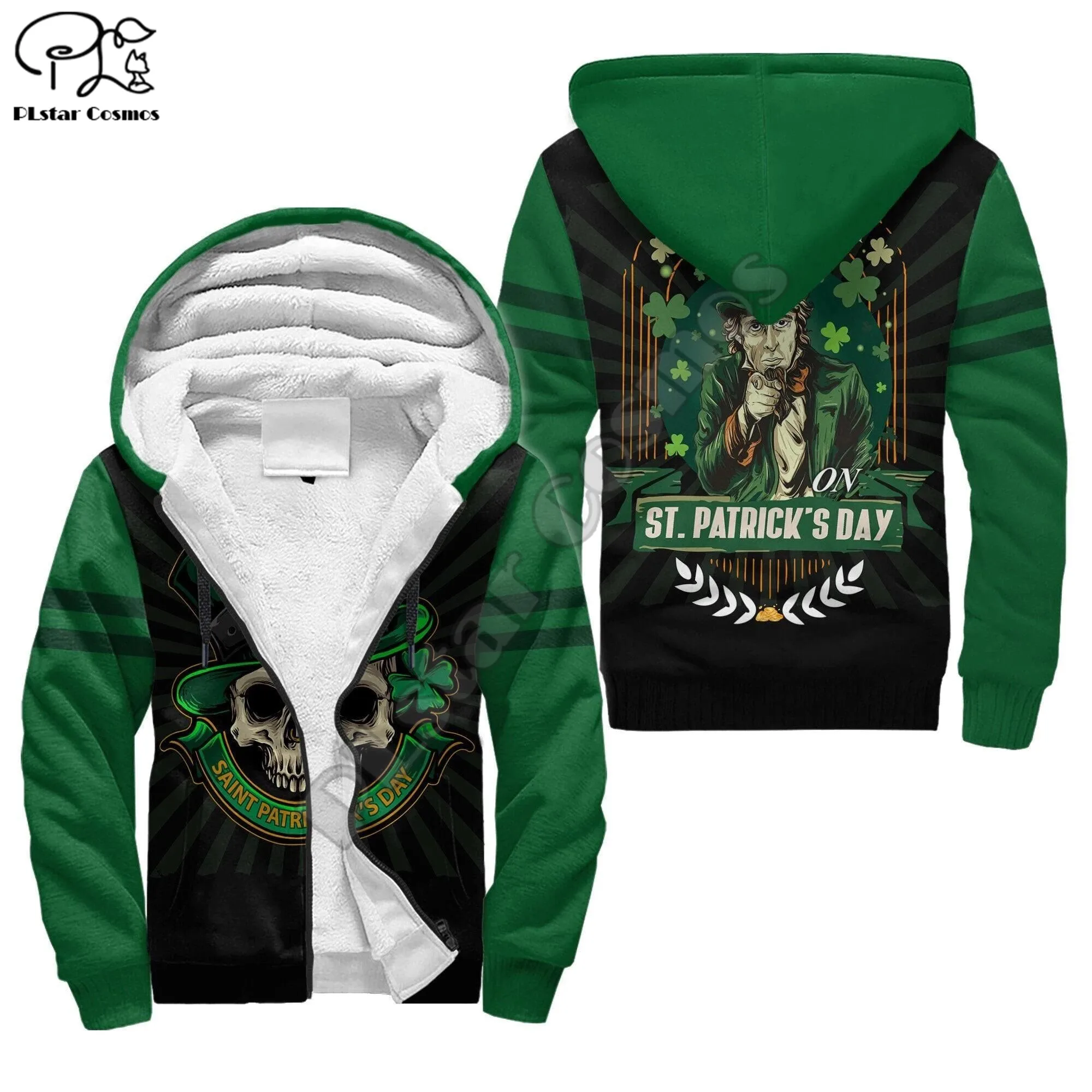 PLstar Cosmos Irish Saint Patrick Day 3D Print Winter Clothing Casual Warm Hood Thick Coat Zipper Man Fleece Hoodies Jacket D26