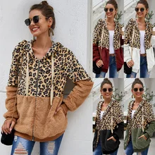 

Leopard Print Stitching Warm Zipper Hooded Sweatshirt Plush Hooded Zipper Cardigan Casual Ladies Loose Sweatshirt Autumn Winter