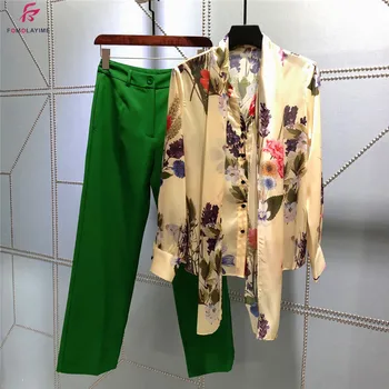 

Spring Summer Two Piece Sets 220 New Arrival Women Print Blouses and Green Pants Set