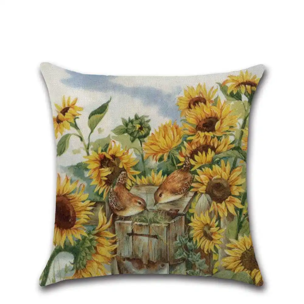 

45x45cm Linen Pillow Decorative Linen Cushion Cover Hand Painted Sunflower Pillow Case Square