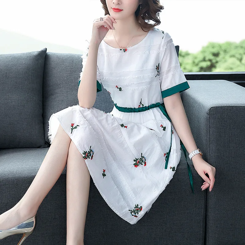 

WOMEN'S Dress-Style Embroidered Waist Hugging Dress Summer 2019 New Style Hipster Floral-Print Cotton A- line Medium-length Dres