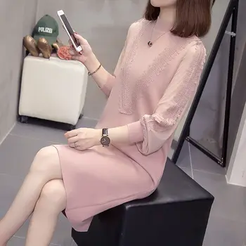 

Autumn Winter New Dress 2020 Gentle Wind Sweater Round Neck Loose Slim Mid-Length Fashion Patchwork Knitted Spring Shirt y449