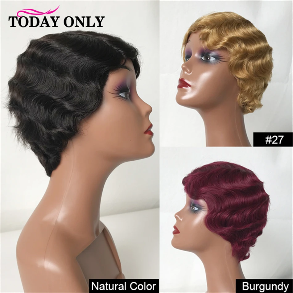 

Short Pixie Cut Wig Human Hair Brazilian Finger Wave Natural Colored Glueless Full Machine Made Wigs For Black Women TODAY ONLY