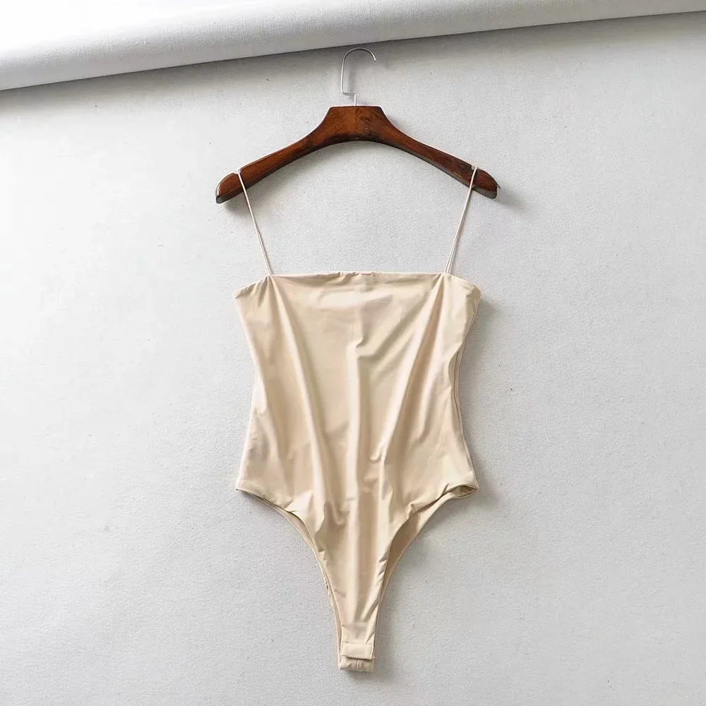 Sexy Summer Solid Slim Bodysuits Women Spaghetti Strap Short White Jumpsuit Skinny Sleeveless Backless Body Suit-80 - Цвет: beige