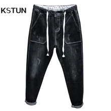 KSTUN,, осенние мужские джинсы, черные, тянущиеся, свободные, зауженные джинсы, эластичный шнурок на талии и мешковатые ноги, мужские джинсовые штаны для бега