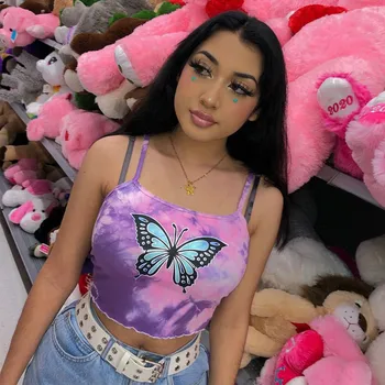 

2020 Women Tank Top Butterfly Pattern Print Cotton Colorful Slash Neck Strapless Crop Top Vest Summer Casual Outwear Streetwear