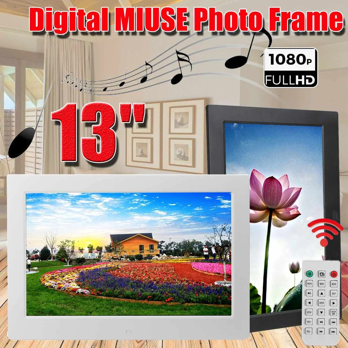 

New HD Digital Photo LED Frame 13'' 1080P Picture MP4 Movie Player Clock Calendar with Package Gift for Display with Remote