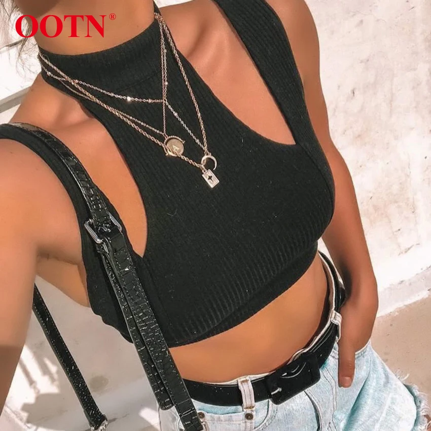 OOTN черный короткий топ Женская Открытая Майка с выемкой рукавом сексуальные топы лето осень уличная мода Бесшовная майка
