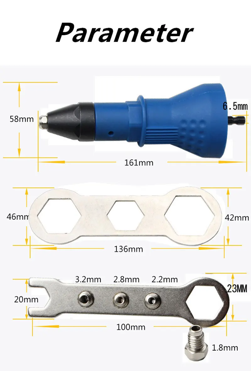 Détails du Pistolet à rivets électrique 2,4 mm à 4,8 mm écrou à rivet  embout adaptateur