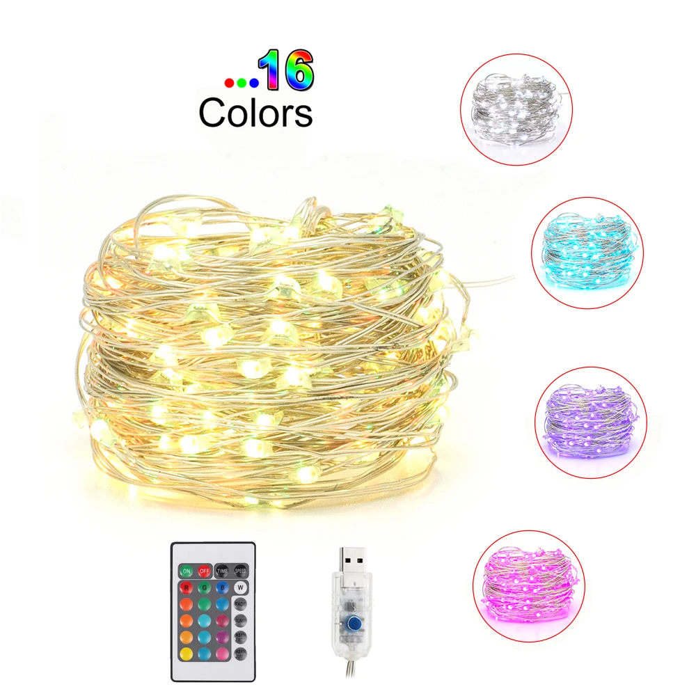 16 colors USB светодиодный строка светильник дистанционного Управление 16 видов цветов 5 м/10 м Фея светильник Медный провод, отличный подарок на свадьбу, Рождество или праздничного декора светильник - Испускаемый цвет: 16 colors