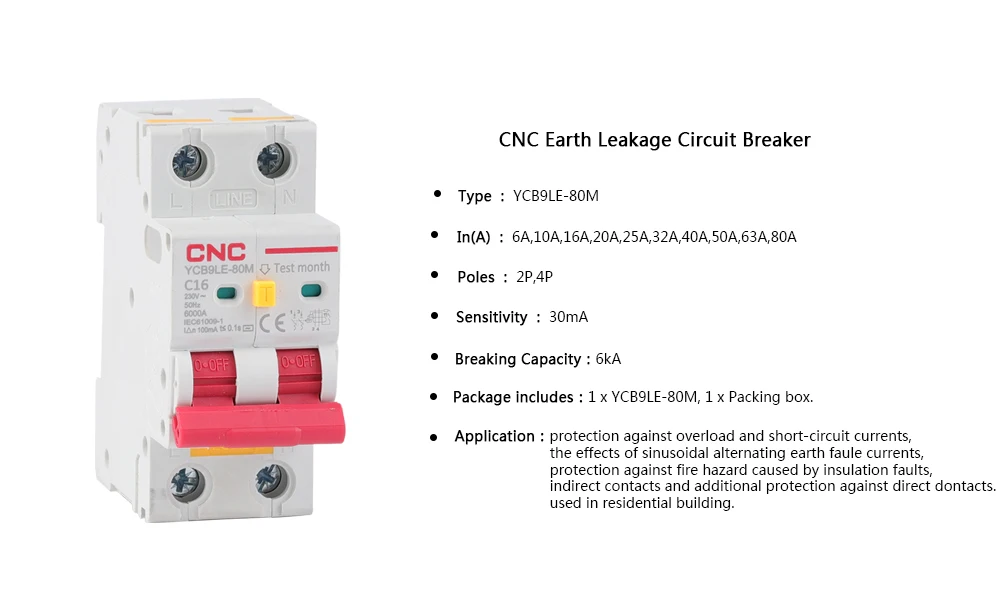 CNC YCB9LE-80M 2P 230V RCBO Fehlerstromschutzschalter mit Überstrom- und Auslaufschutz 30mA MCB 6-63A – Detail 1