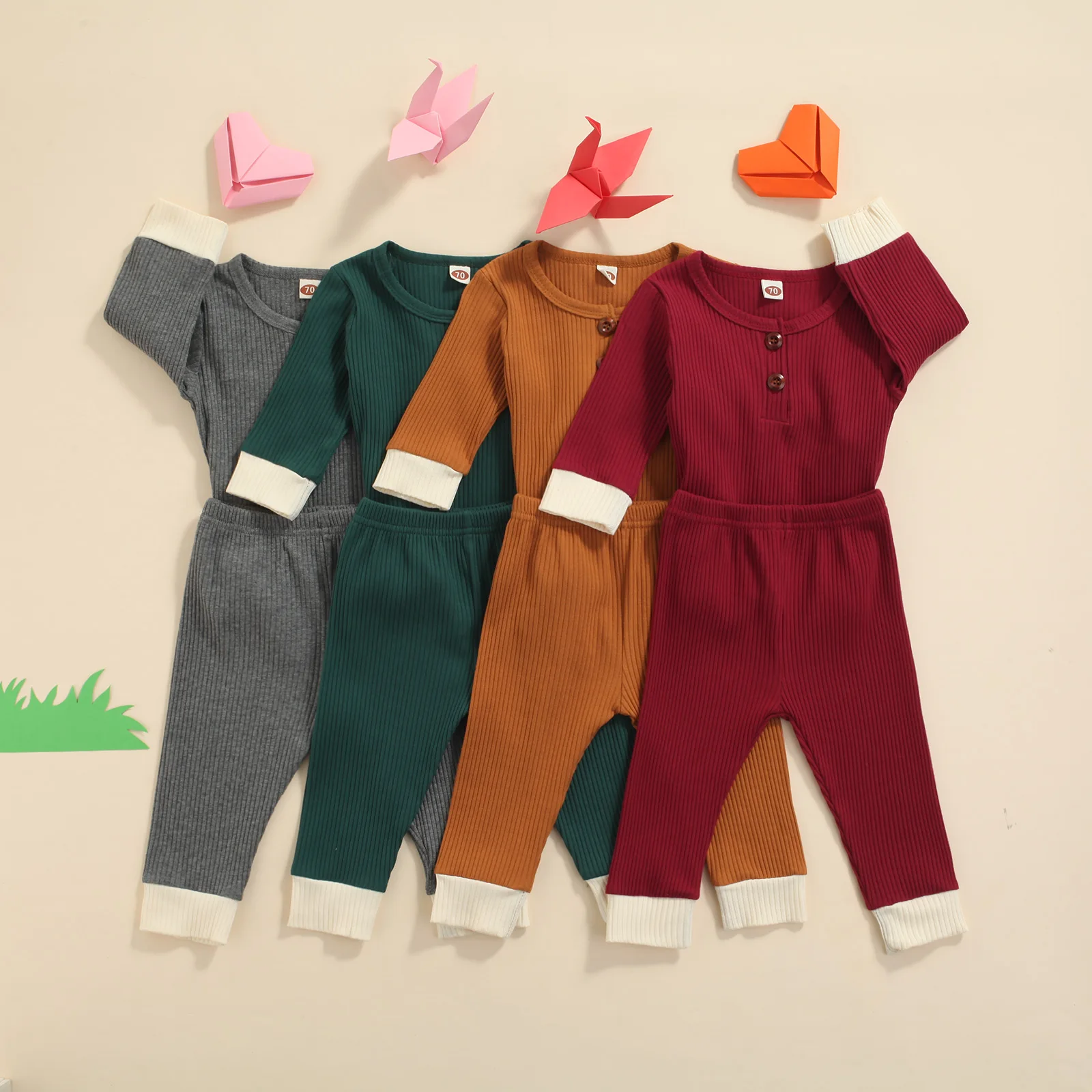 0 24M Toddler Kids Baby Girl Boy Ribbed Pullover Top Pants Trousers