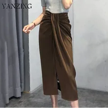 Осенние юбки с высокой талией для женщин, юбка средней длины с разрезом и бантом, свободные юбки большого размера, модная Корейская Новинка L690