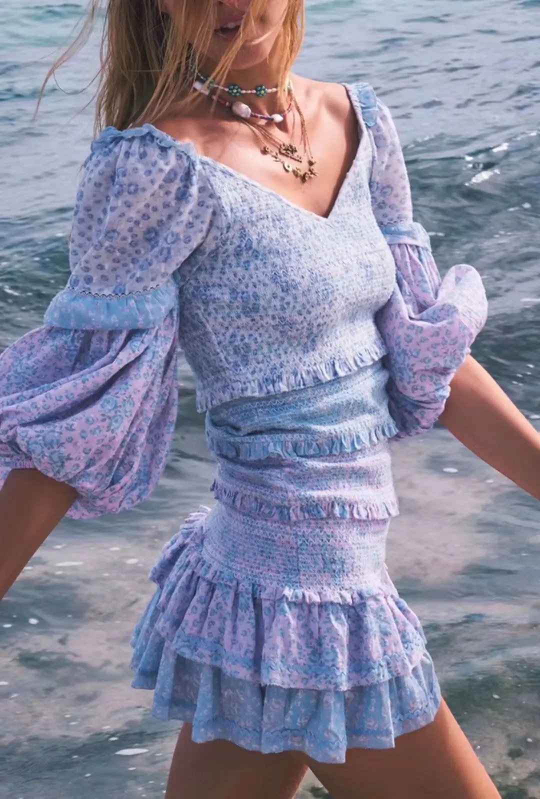 Vacation Style Slimming Blogger Fairy Skirt Elastic Fungus Patchwork Puff Sleeve Dress
