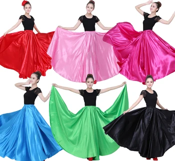 

90-95cm Elastic Waist Spanish Flamenco Dance Skirt for Woman Solid Satin Smooth Belly Dance Dress Spain Traditional Costumes