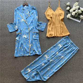 

FZSLCYIYI Pajamas For Women Overall Print 3Pcs Silk Pajamas Set Satin Pyjamas With Shorts Sexy Lace Pjs Sleepwear Home Clothes