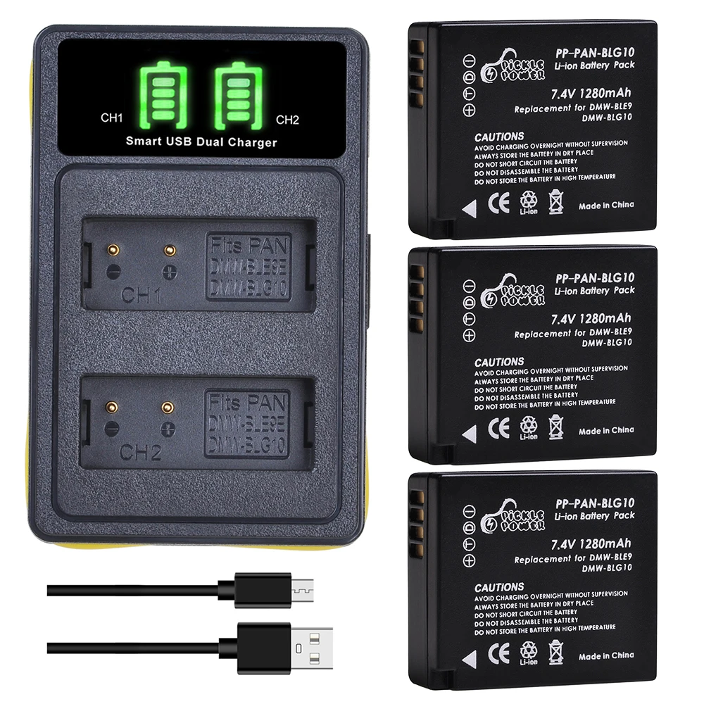 3 шт. 1280 мА/ч DMW BLG10 BLG10E BLE9 Батарея + Тип C LED Зарядное устройство для цифрового