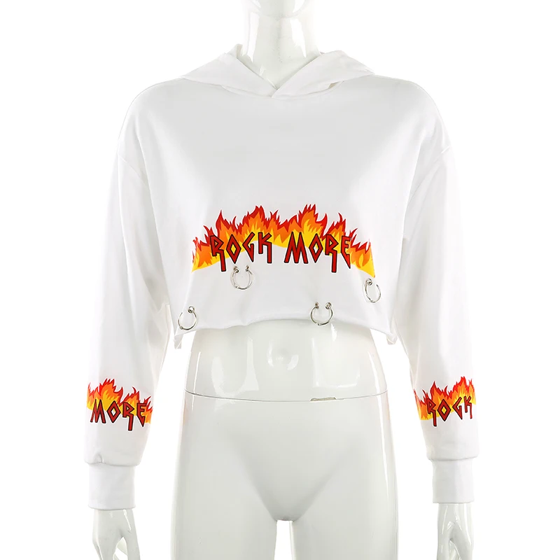  Darlingaga Streetwear Flame Print Cropped Hoodie Fire Fashion Autumn Winter Pullover Sweatshirt Hip