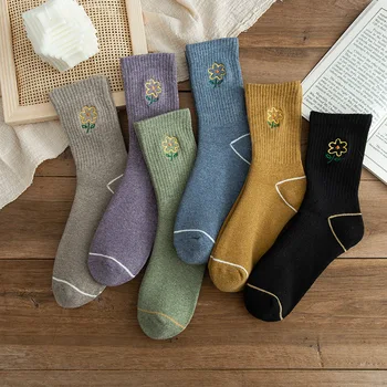 

Solid Color Sock for Woman Flowers Socks Women Adult Kawaii Ladies Elegant High Sox Cotton Spring Winter Female Trendy Skarpetki