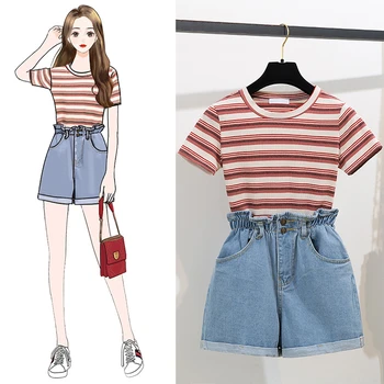 

Korean 2 Piece Set Woman Striped Short Sleeve T-Shirt Tops + Short Pants Sets 2020 Summer Design Women's Wide Leg Hot Pants Suit
