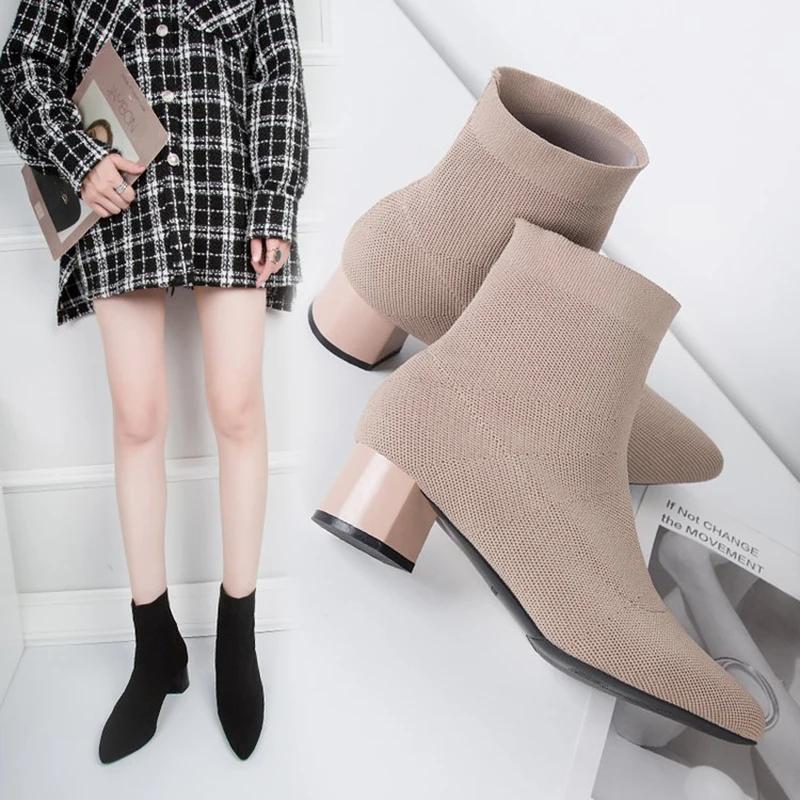 

Socks Bottes knitting women chelsea designer stretch booties pointed toe slip on chunky boots femme slim leg high heels bottes