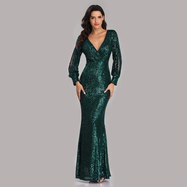 Sexy V-neck Mermaid Evening Dress Long Formal Prom Party Gown Full Sequins long Sleeve Galadress Vestidos Women Dresses 2021 Dark Green
