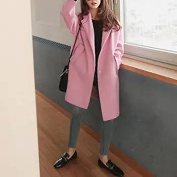 

Women Winter Plus Size Solid Color Straight Button Cardigan Woolen Coat Turn Down Collar Pocket Long Outfit Long Sleeve Outwear