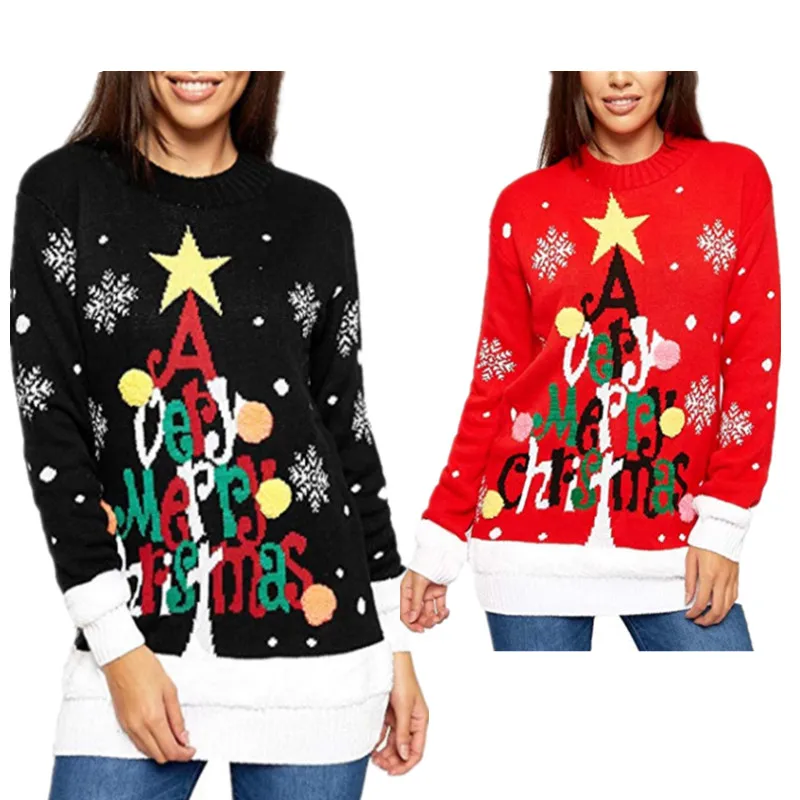 Christmas Sweater Women Fashion Letter Jacquard Loose Large Size Knit Set Head Pullover Santa snowflake Womens Sweaters | Женская одежда