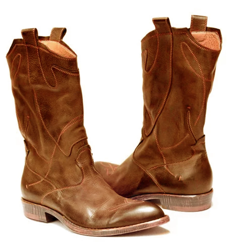 

Laamei Women's Western Boots Winter Mid Tube Knight Boot Lady Retro Rome Slip-On Low Heel Leather Shoes Wide Calf Cowboy Botas