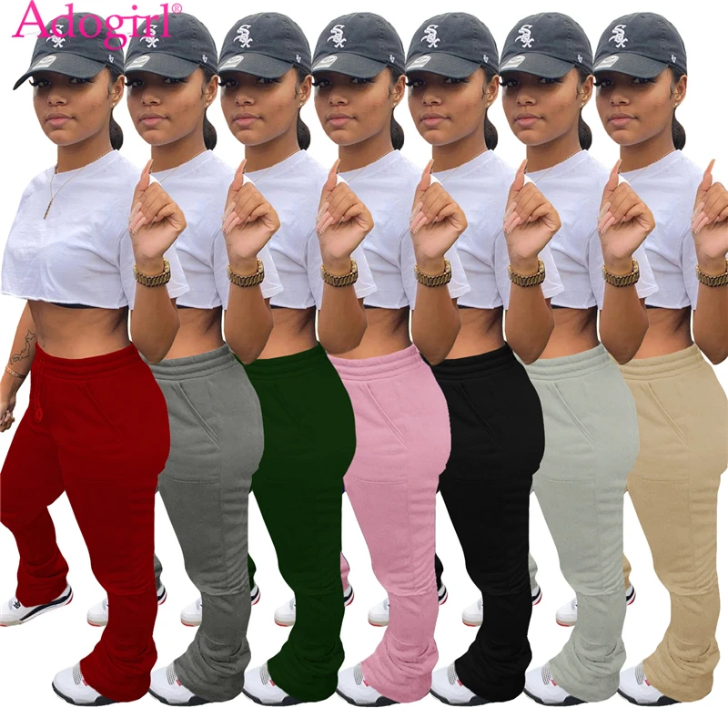 

Adogirl Women Solid Patchwork Stacked Flare Pants with Pockets Fashion Casual Thick Fleece Sweatpants Jogger Trousers