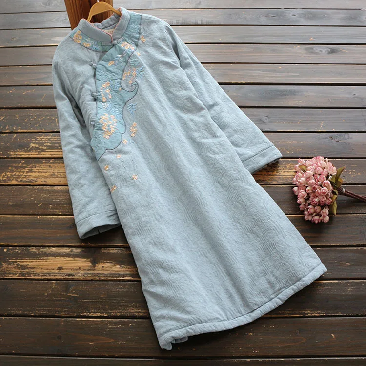 

6954 Autumn New Style WOMEN'S Dress Chinese-style Retro Embroidered Padded Cheongsam Long Sleeve Cotton-padded Clothes Cotton Co