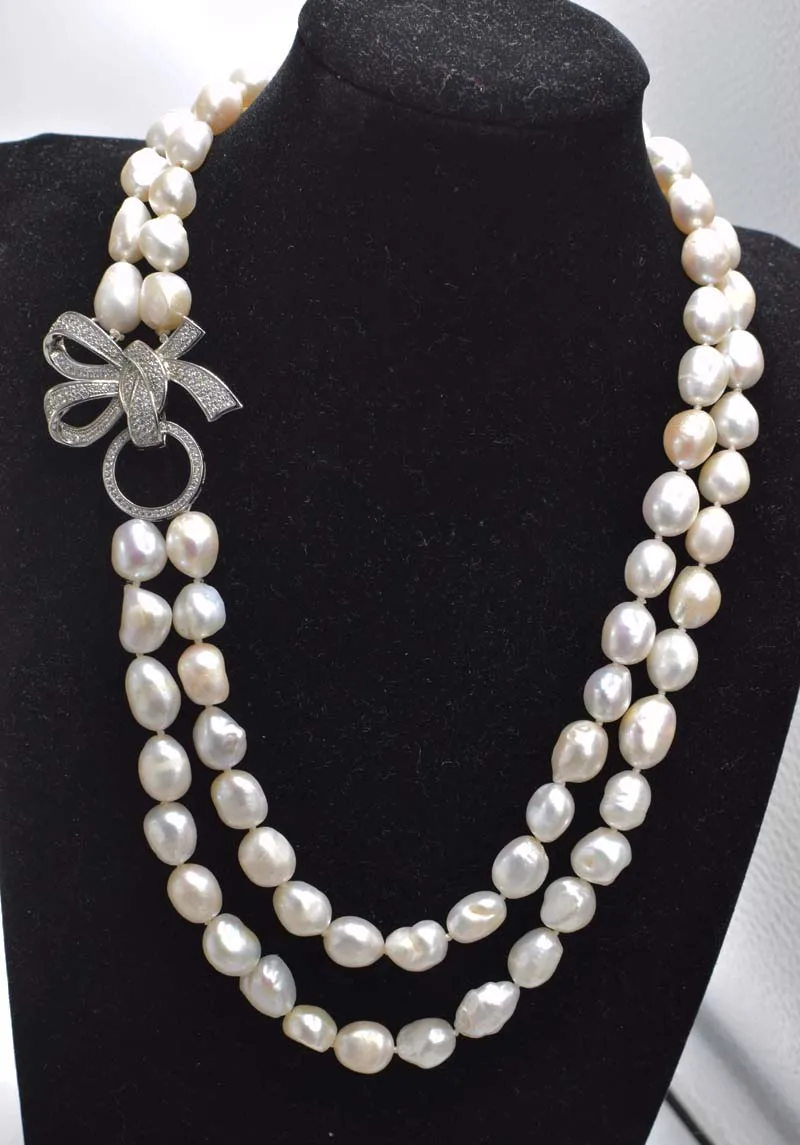 

2rows freshwater pearl white baroque 9-13mm necklaces nature beads wholesale 20-22inch