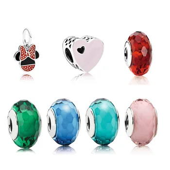 

925 Sterling Silver Glass Beads Red Pink Blue Color Heart For Women Pandora Charm Original Bracelet