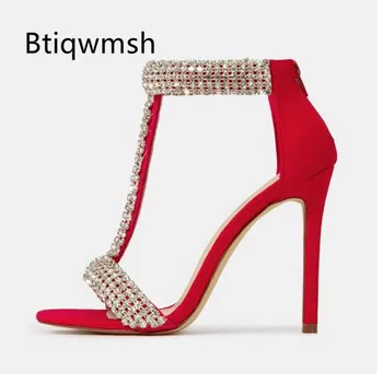 

2020 Sexy Rhinestone Sandals Women Open Toe Crystal T-strap High Heel Shoes Woman Fashion Wedding Shoes