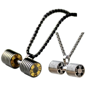 

2 Set Dumbbell Pendant Bodybuilding Fitness Necklace Large Size Barbell Necklace Fitness Jewelry Stainless Steel, Black & Silver