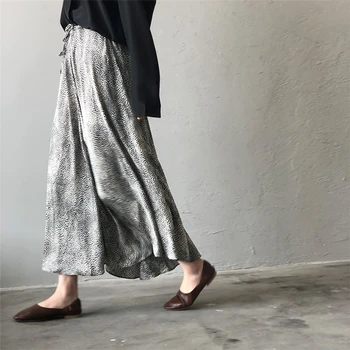 

ZCWXM 2020 Women Skirts Summer Korean Casual Vintage High Waist Ankle-Length Lace Up Satin Leopard Trumpet Skirts
