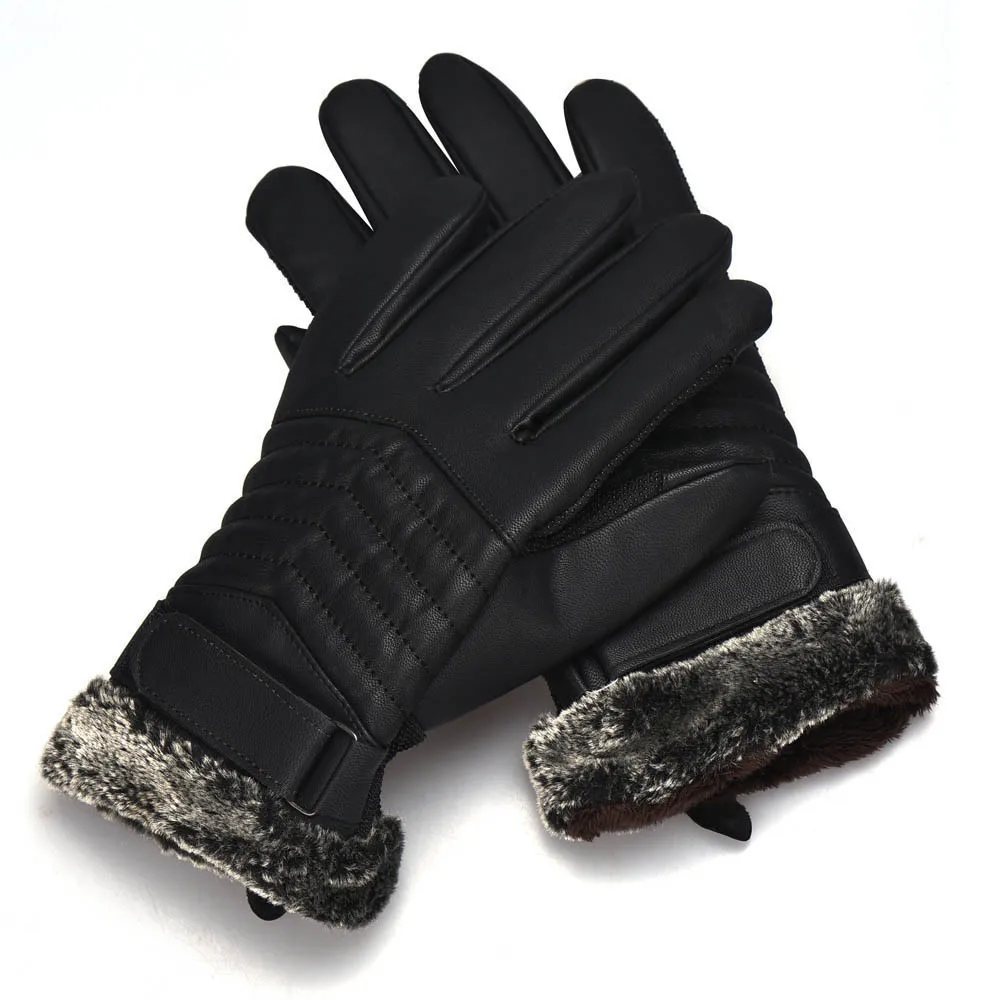 Черные мужские теплые зимние кожаные перчатки спортивные ветронепроницаемые перчатки с сенсорным экраном модные противоскользящие плюшевые тактические Guantes Eldiven# D