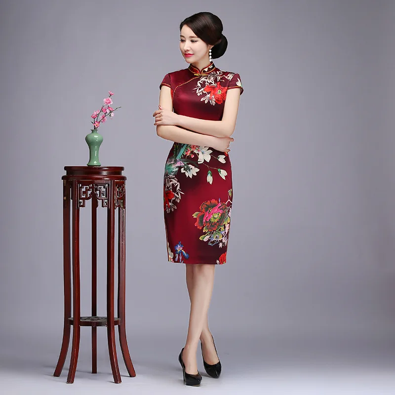 

Traditional Women Chinese Style Evening Dress Vintage Print Flower Satin Sexy Cheongsam Elegant Lady Slim Qipao Size M-4XL