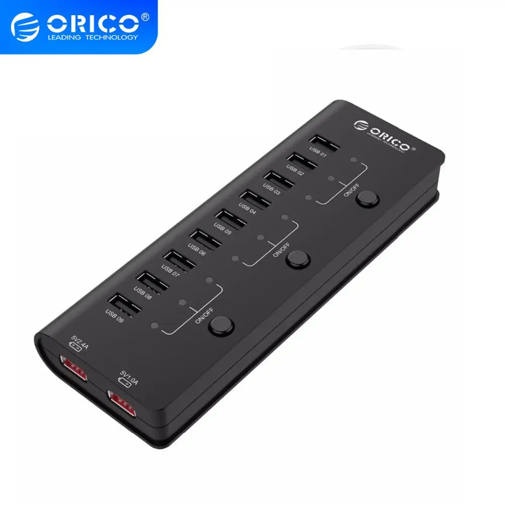 ORICO HF9US 2P BK 9 портов USB2.0 концентратор с 2 портами для зарядки 3 выключателей питания