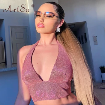 

ArtSu Deep V Neck Backless Sexy Nightclub Wear Party Crop Top Fashion Glitter Women Halter Tops Zipper Summer Cropped Tank Top