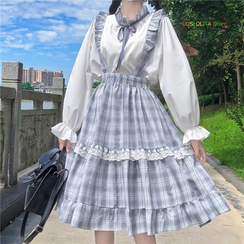 

Women's Plaid Lace Embroidery Strap Cute Girls Spring Autumn 2020 New Japanese High Waist Sweet Sleeveless Skirt College Style