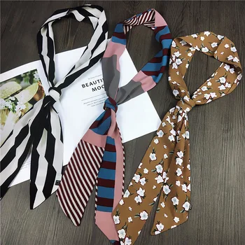 

2020 new women floral printed bag decoration long hair neck tie headband small narrow satin silk ribbon neckerchief skinny scarf