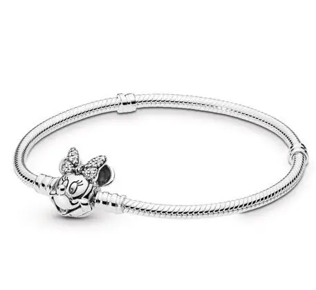 

Original 925 Sterling Silver Bracelet Minnie Shimmering Portrait Clasp Snake Chain Bangle Fit Bead Charm Diy Fashion Jewelry