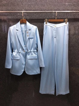 

2020 Early Autumn New Women's Lapel Diamond Buckle Decorative Drawstring Waist Hugging Suit + Trousers Solid Color 2 pc set822