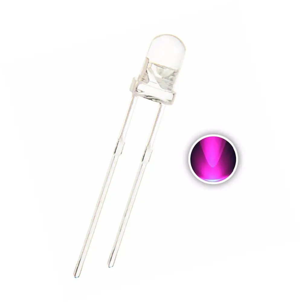 100 шт. F3 3 мм розовый DIP LED прозрачный Короткие булавки круглые 425-460nm 1000-1500MCD 0-3 2 V